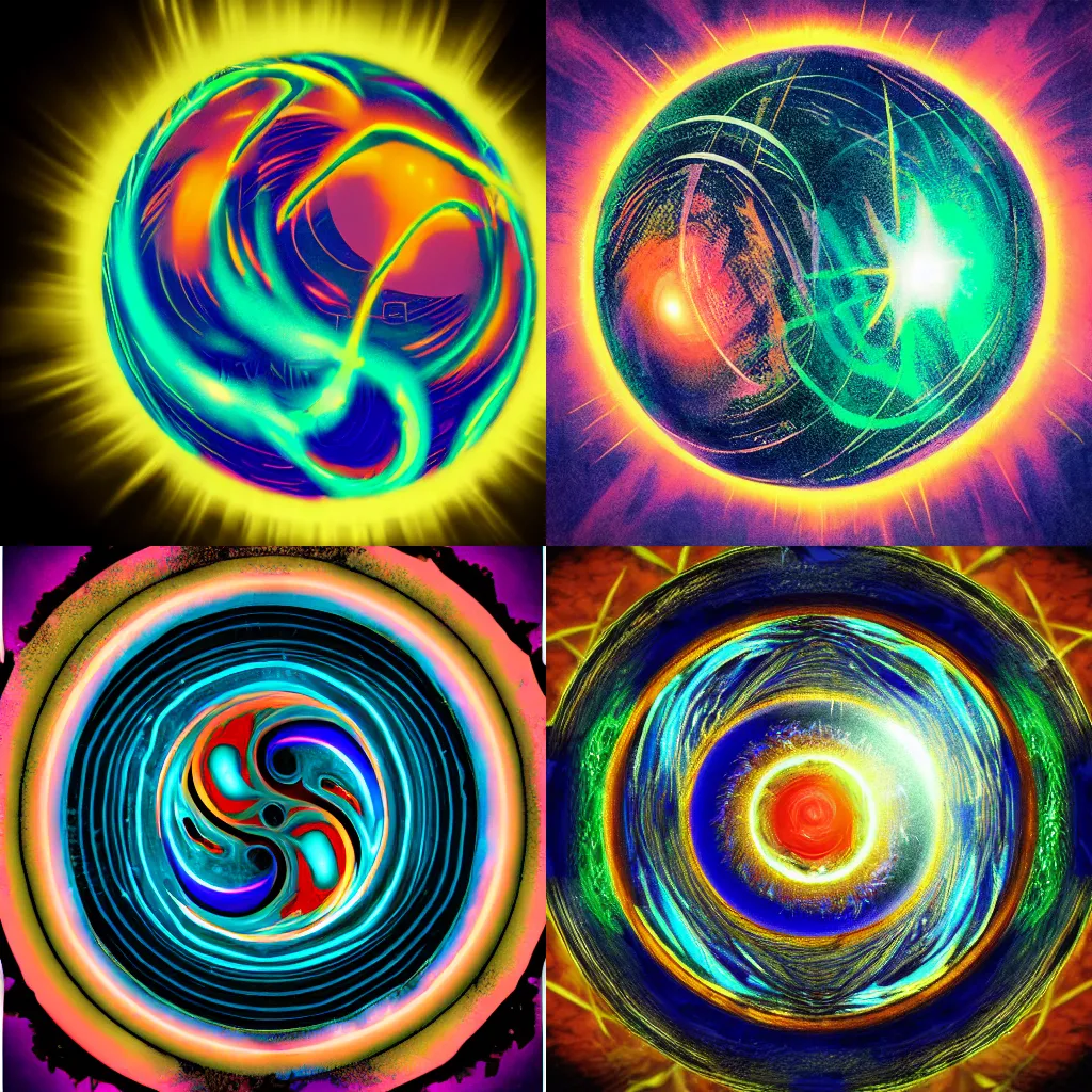 Prompt: A wizards magic orb swirling with magic, dramatic lighting and colors, in the style of 1970s vintage art