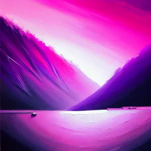 Prompt: a painting of pink and purple fluid effects on a mountain, a detailed painting by alena aenami, deviantart, analytical art, detailed painting, oil on canvas, high detail