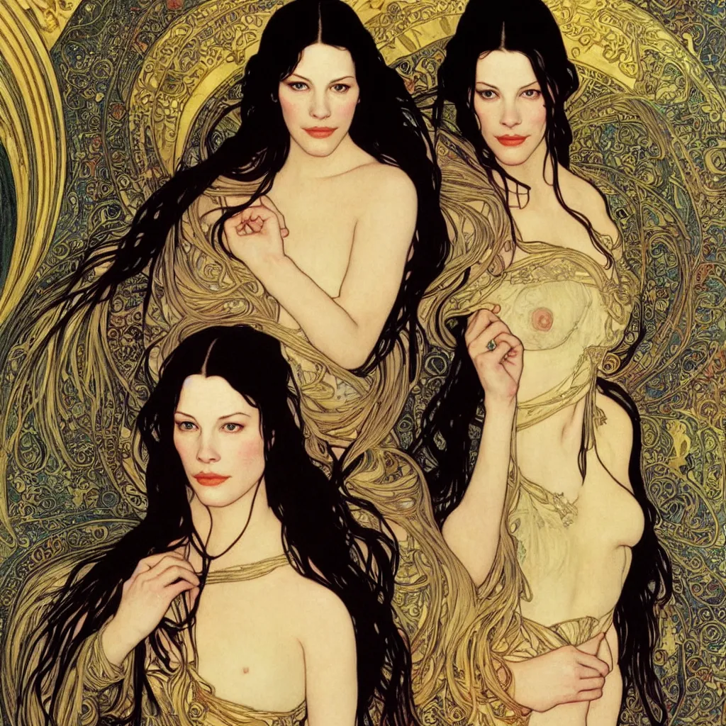 Image similar to Liv Tyler as Arwen Undómie in The lord of the rings made with a combination of the art styles of Alphonse Mucha and Gustav Klimt. Masterpiece. High Quality Details
