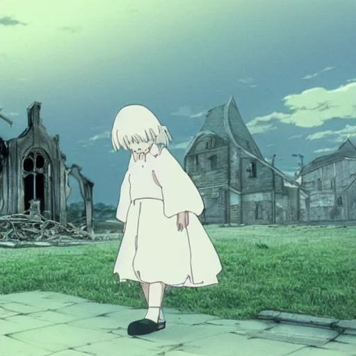 Image similar to ghost of a young girl, a burnt out church, wisps of smoke, photorealism, cel shaded, studio ghibli, hayao miyazaki