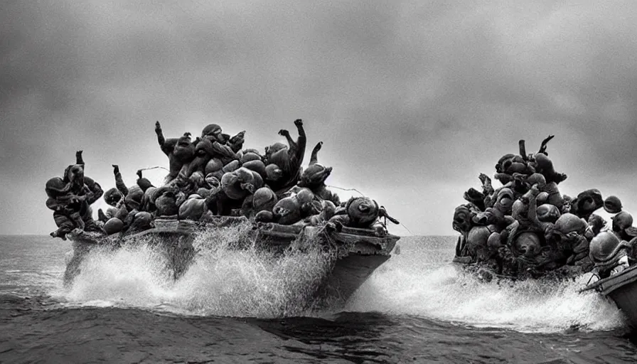 Image similar to “minions jumping out of boat into water on D-Day, 4k, cinematic, award winning”