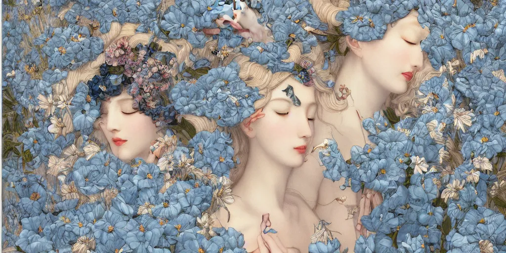 Image similar to breathtaking detailed concept art painting art deco pattern of blonde faces goddesses amalmation light - blue flowers with anxious piercing eyes and blend of flowers and birds, by hsiao - ron cheng and john james audubon, bizarre compositions, exquisite detail, extremely moody lighting, 8 k