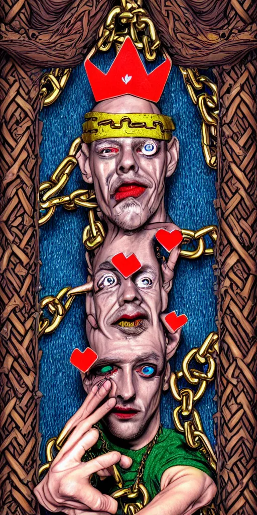 Image similar to psychedelic illustration, court jester portrait, psychotic eyes, in prison, in chains, playing card design, detailed colored pencil drawing, photorealistic illustration, 8 k resolution, octane render,