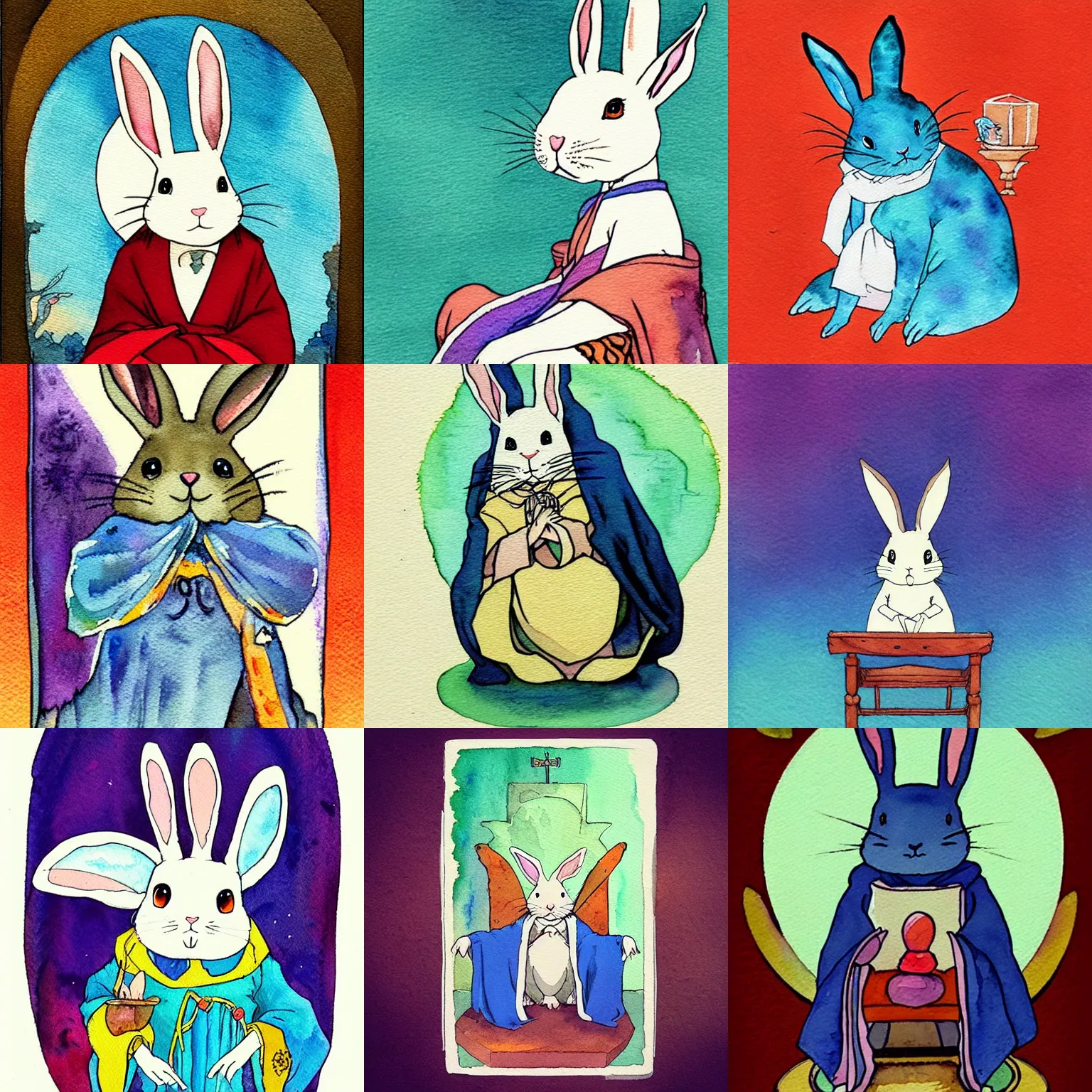 Prompt: “ watercolor of a mystical magician rabbit sitting in a robe on a throne. tarot card. in the style of miyazaki. ”