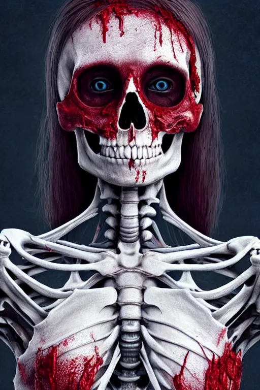 Image similar to skeleton black bones full body!!, covered with blood, rolyatistaylor face!!, long red hair, beautiful blue eyes, ultra realistic, concept art, intricate details, highly detailed, photorealistic, octane render, 8 k, unreal engine. retro film still, heavy grain, 3 5 mm, art by artgerm and greg rutkowski and alphonse mucha