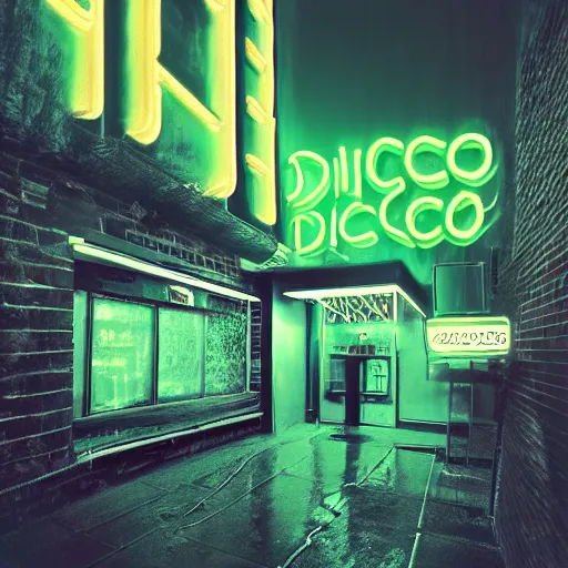 Image similar to entrance to a disco club in new york with a neon sign at nightime, heavy mist, highly detailed, artstation, concept art