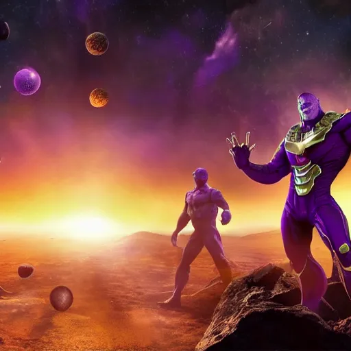 Prompt: thanos juggling planets movie still, cinematic, photorealistic, extreme detail, sharp focus, 8 k, intricate, hyper detailed, realistic, cinematic lighting