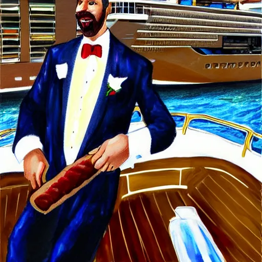 Prompt: a groom smoking a cigar on a large boat. wedding. digital art. highly detailed.