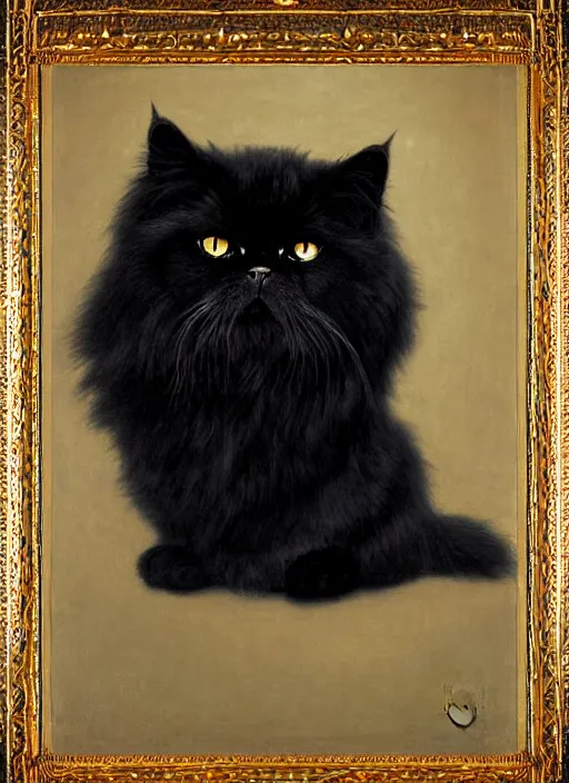 Image similar to symmetrical portrait of black persian cat staring contemptuously at people, wearing a chinese dragon spacesuit armor and helmet, in majestic, solemn, in space, hyper realistic, by bouguereau