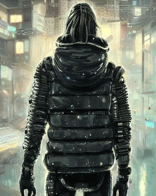 Prompt: detailed portrait Neon guard boy with long straight blonde hair seen from the back, cyberpunk futuristic, reflective puffer jacket, black leggings, decorated with traditional ornaments in front of a dystopian crowd with piles of garbage by Ismail inceoglu dragan bibin hans thoma, Perfect face, fine details, realistic shaded, fine-face, pretty face