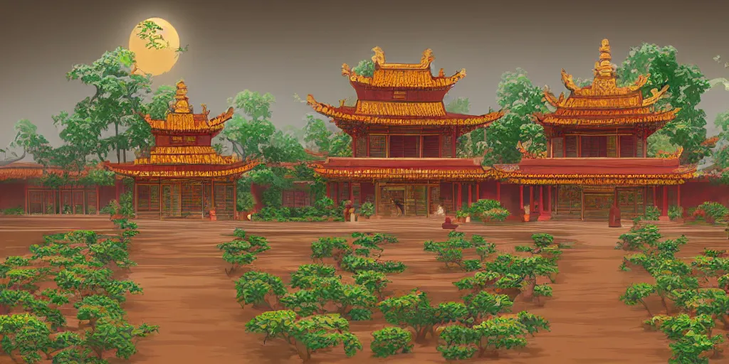 Image similar to vietnamese temple scene, 2 d game art background, level design, muted colors, in style of lam manh