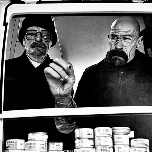 Image similar to still of walter white and stalin cooking meth, ziploc bags full of meth, interior of rv, b&w filter