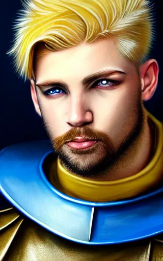 Image similar to a rugged young knight with blonde hair and blue eyes and a short beard and a scar under his left eye wearing a blue shirt steel pauldrons and a yellow cape and leather boots by Tony Sart, realistic, highlyt detailed, masterpiece, ArtStation