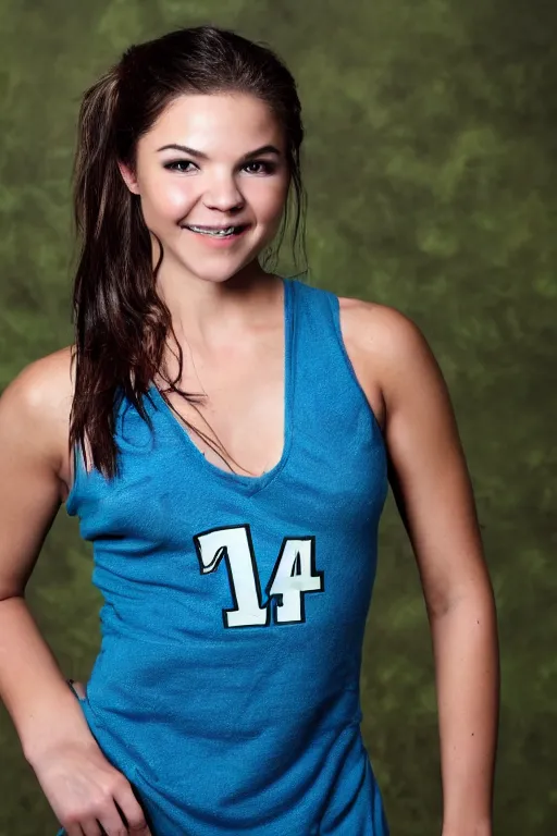 Prompt: fantasy character photo. facial expression of manic obsessive love. danielle campbell. black hair in ponytail. bright blue eyes tall, lanky, athletic, wiry. sleeveless lightgreen dress, brown trim. gleefully telling a bs story full of lies