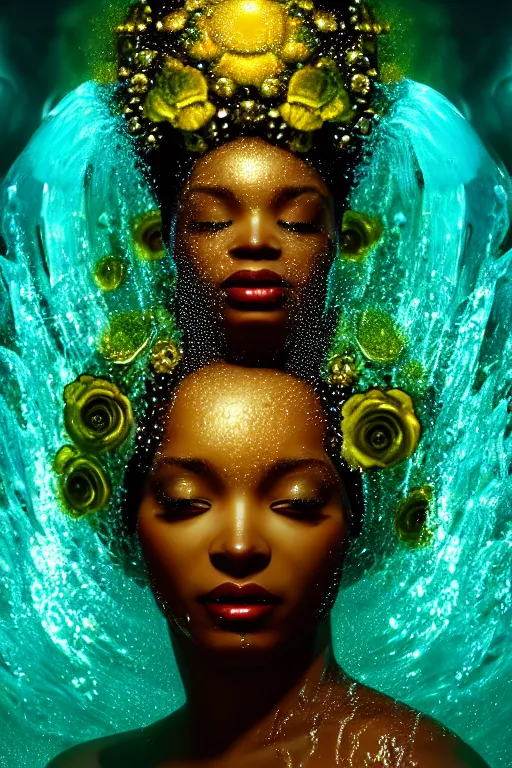 Prompt: hyperrealistic post rococo cinematic very expressive! black oshun goddess, in water up to her shoulders, mirror dripping droplets!, gold flowers, highly detailed face, digital art masterpiece, smooth eric zener cam de leon dramatic pearlescent volumetric teal light, high angle uhd 8 k, sharp focus