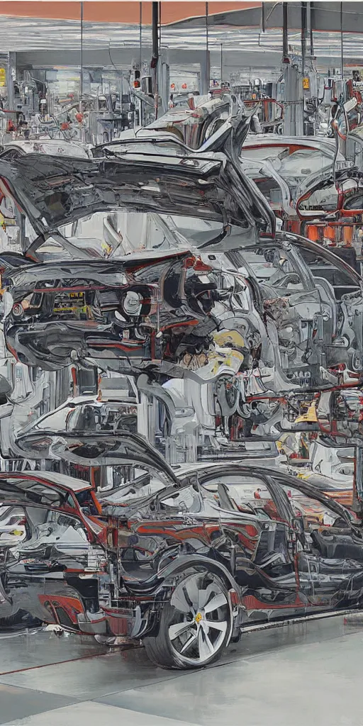 Image similar to oil painting scene from tesla factory by kim jung gi