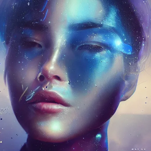 Image similar to sci - fi, close - up, 3 d, stars, fashion model face closed eyes, cinematic, clouds, sun rays, vogue cover style, poster art, blue mood, realistic painting, intricate oil painting, high detail illustration, figurative art, multiple exposure, water, 3 d, by tooth wu and wlop and beeple and greg rutkowski