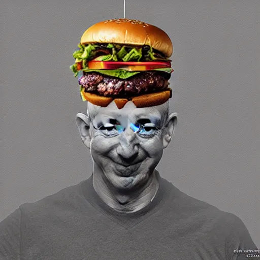 Image similar to Jeff Bezos as a burger in the style of Beksinski