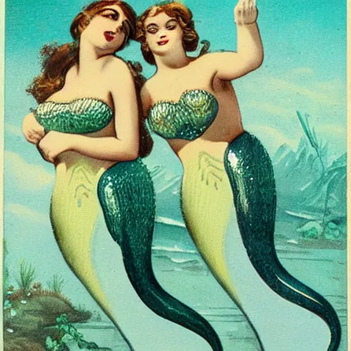 Prompt: arresting mermaids, vintage, realistic