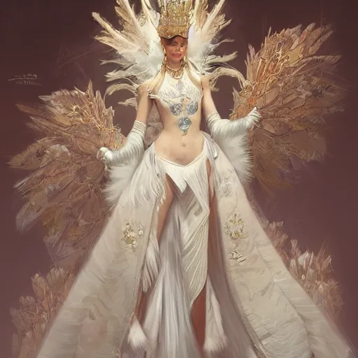 Image similar to a queen with a decorated dress made of white and cream plumes of swan, highly detailed, digital painting, Trending on artstation , HD quality, by artgerm and greg rutkowski and alphonse mucha, dramatic light, octane