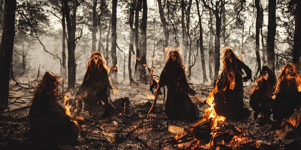 Prompt: witches around a wildly lit camp fire burning branches in an ominous forest, photography