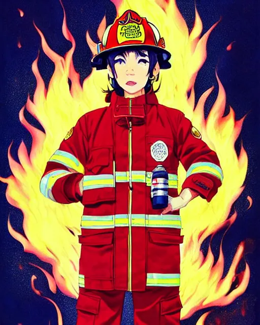 Image similar to fireman, cool pose, fire jacket, helmet, covered in beautiful flames!!! | | very very anime!!!, beautiful fine - face, audrey plaza, realistic shaded perfect face, fine details. anime. realistic shaded lighting poster by ilya kuvshinov katsuhiro otomo ghost - in - the - shell, magali villeneuve, artgerm