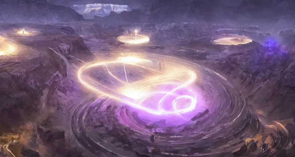 Image similar to night, a lot of people and a spiral - shaped white luminous attractor is floating in grand canyon, concept art, art for the game, professional lighting, art