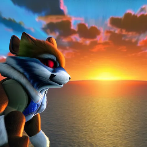 Prompt: high quality photo of star fox looking out at the ocean at sunset realism 8k award winning photo