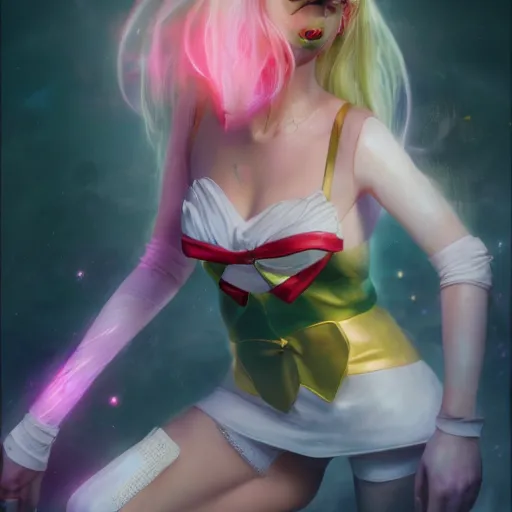 Image similar to A portrait of Sailor-Moon, huggy wuggy from poppy playtime video game, fullbody, ultra high detailed, glowing lights, oil painting, Greg Rutkowski, Charlie Bowater, Beeple, unreal 5, DAZ, hyperrealistic, octane render, RPG portrait, dynamic lighting, fantasy art, beautiful face