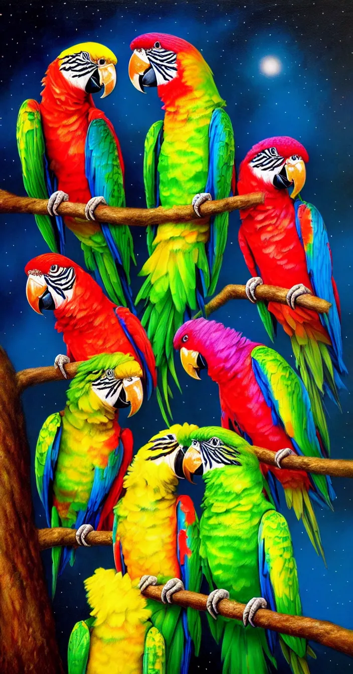 Prompt: realistic photo of colorful glowing parrots sitting on tree at dark night, very sharp focus, very hyper realistic, art of greg rutsowski, highly detailed, fantasy art station