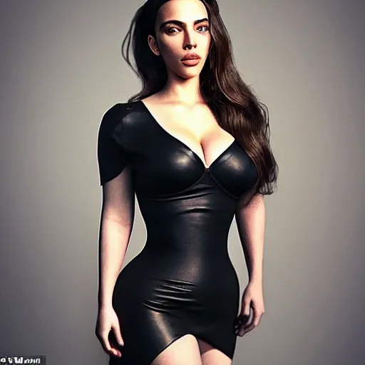 Image similar to a woman who is a genetic combination of kim kardashian and kat dennings and scarlett johansson and margot robbie and emma watson, face and upper - body focus