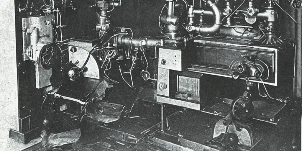 Image similar to anthropomorphic furry wolf controlling an obscure machine that has been lost to time, 1900s photograph