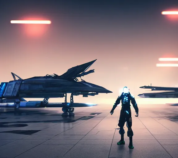 Image similar to fighter pilot stands beside futuristic sci fi fighter jet landed at runway of cyberpunk city ,dark cinematic lighting , digital concept art