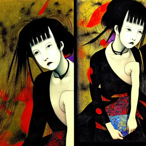 Image similar to yoshitaka amano blurred and dreamy realistic three quarter angle portrait of a young woman with black lipstick and black eyes wearing dress suit with tie, junji ito abstract patterns in the background, satoshi kon anime, noisy film grain effect, highly detailed, renaissance oil painting, weird portrait angle, blurred lost edges