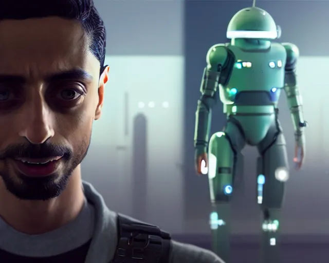 Image similar to highly detailed portrait of riz ahmed as an android, in detroit : become human, stephen bliss, unreal engine, fantasy art by greg rutkowski, loish, rhads, ferdinand knab, makoto shinkai and lois van baarle, ilya kuvshinov, rossdraws, tom bagshaw, global illumination, radiant light, detailed and intricate environment