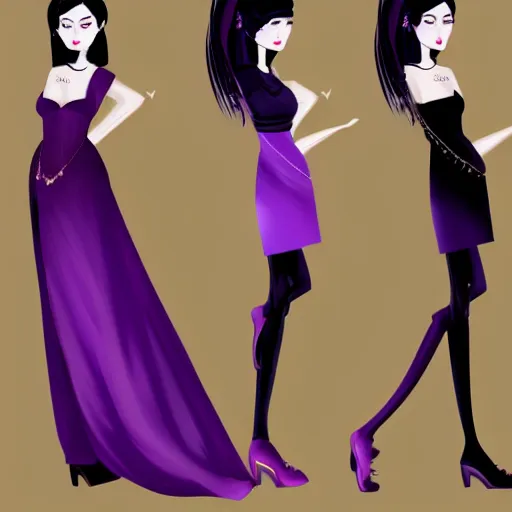 Image similar to character concept art of beautiful delicate pale goth woman with black hair, wearing long black and purple dress, highly detailed, illustration