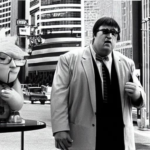 Image similar to peter griffin in They Live (1988), B&W, film still
