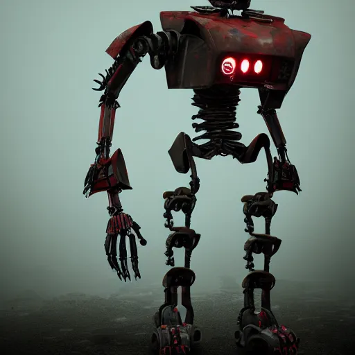 Image similar to grimdark horrific robot, skull helmet, very long limbs, unreal engine, 8 k, ultra realistic, ultra detail