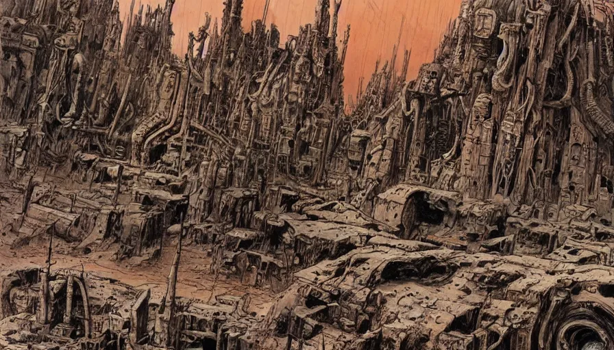 Image similar to comic book drawing of a desolate colony on mars by simon bisley, hr giger and beksinski, ink, detailed, clean lines