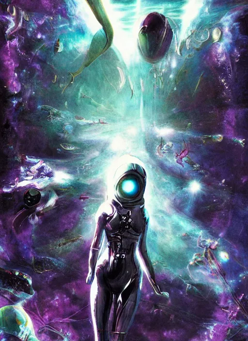 Image similar to girls astronaut in dark void underwater - complex and hyperdetailed technical suit design. reflection and dispersion materials. rays and dispersion of light. volumetric light. f / 3 2. noise film photo. flash photography. ultra realistic, 5 0 mm. poster by wayne barlowe, hajime sorayama aaron horkey, craig mullins