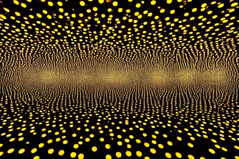 Image similar to Yayoi Kusama infinity room photorealistic hyperdetailed floating lights 35mm 4k