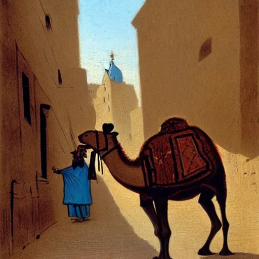 Image similar to An expressionistic painting of a mouse Riding a camel through a narrow street in london, (1885)