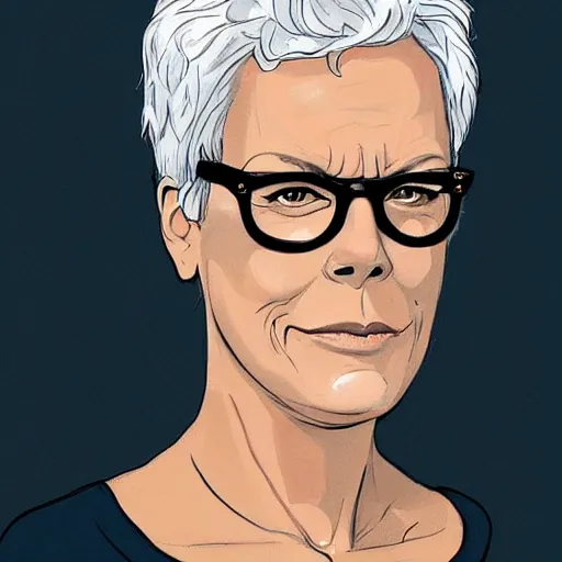 Prompt: jamie lee curtis, full body, tired, serious, intelligent, powerful, white hair, fully clothed, wise, beautiful, by david mack, soft lighting, trending on artstation, flat colour