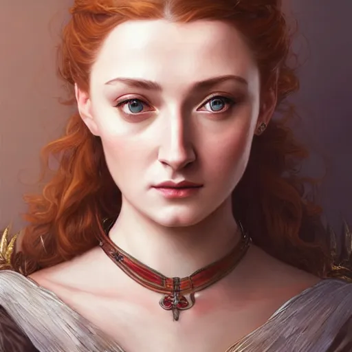 Image similar to portrait of sansa stark queen, intricate, elegant, highly detailed, digital painting, artstation, concept art, smooth, sharp focus, illustration, art by artgerm and greg rutkowski and alphonse mucha and william - adolphe bouguereau