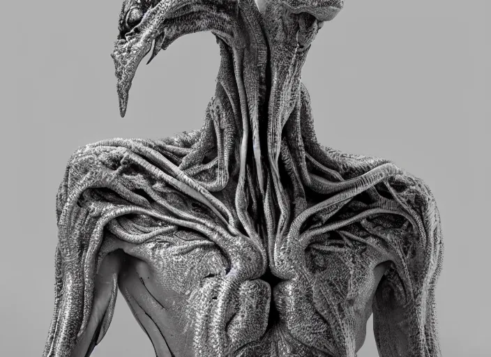 Image similar to stylized shiny polished silver statue full body extra limbs bizarre cosmic horror demonic demon made of marble of slug creature alien, perfect symmetrical body, perfect symmetrical face, hyper realistic, hyper detailed, by johannen voss, by michelangelo, octane render, blender, 8 k, displayed in pure white studio room