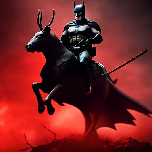 Prompt: batman riding red deer that possessed by dark demons, in battlefield, face detailed, dark, cinematic lighting, chaotic, wide shot, photorealistic, photograph