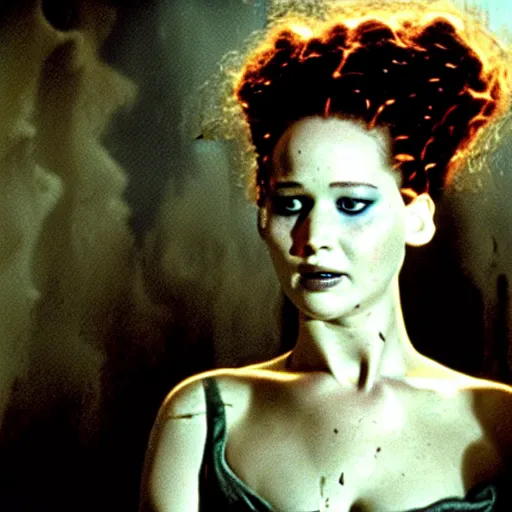 Prompt: jennifer lawrence as the bride of frankenstein, color photography, sharp detail, still from the movie mary shelly's frankenstein