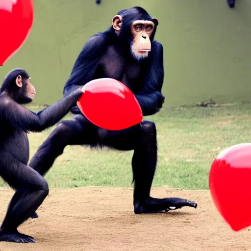 Prompt: a chimpanzee dressed a s a ninja fighting a red balloon