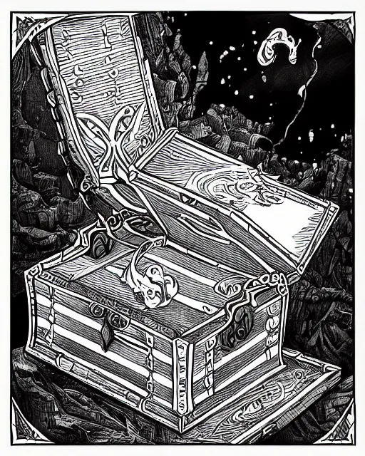 Image similar to a closed treasure chest, black and white, fantasy art, object art, in the style of masami kurumada, illustration, epic, fantasy, intricate, hyper detailed, artstation, concept art, smooth, sharp focus, ray tracing