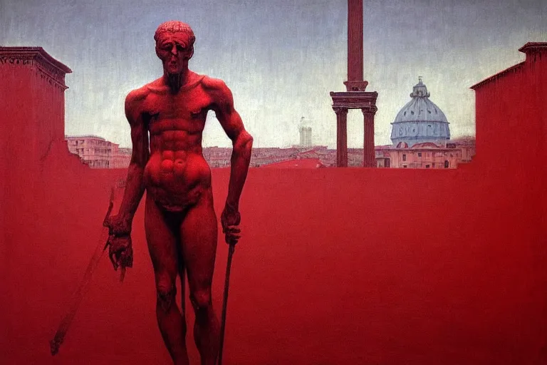 Image similar to only with red, caesar after win war, the deal, a red tiger, in hoc signo vinces, rome in background, an ancient path, in the style of beksinski, part by hopper, part by rodcenko, part by hofbauer, intricate composition, red by caravaggio, insanely quality, highly detailed, masterpiece, red light, artstation